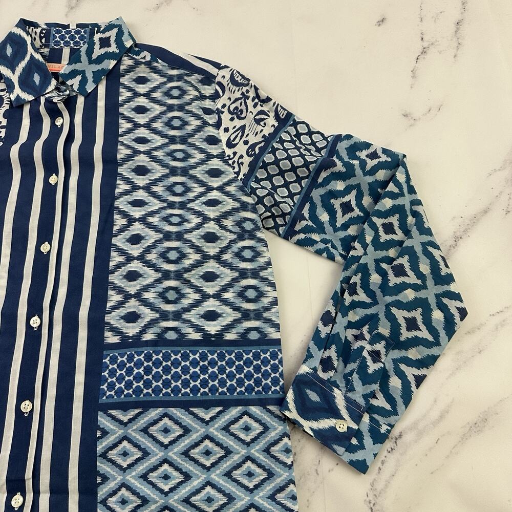 Vilagallo Womens Button Up Top Size 40 M Blue Ikat Stripe Mixed Print Light - Picture 3 of 13